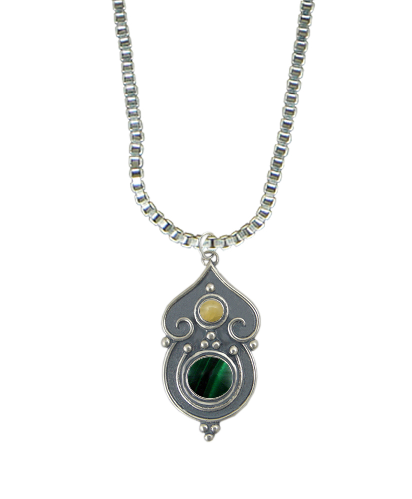 Sterling Silver Necklace Malachite And Yellow Aragonite